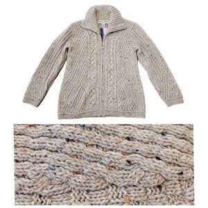 NWT Aran Mor 100% Wool Irish Cable Knit Sweater Zip Front Cream Taupe L